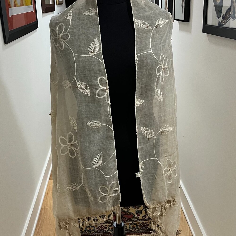 Visco Taupe with Faux Pearls Cotton Shawl